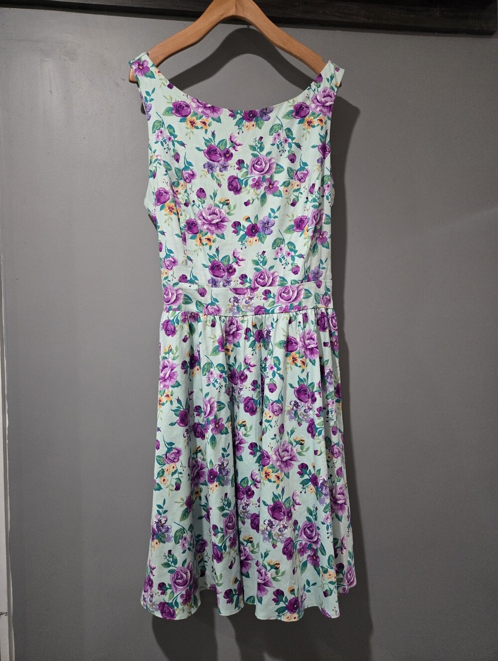 Lady Vintage Mint Purple Floral Fit Flare Swing Dress UK18/US14 Retro Rockabilly